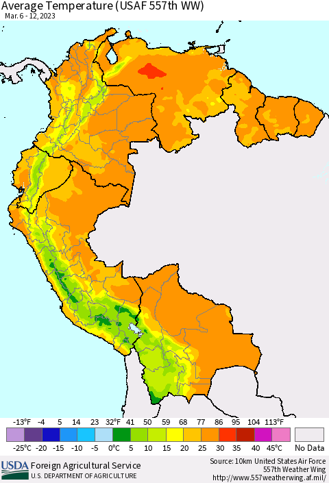 Northern South America Average Temperature (USAF 557th WW) Thematic Map For 3/6/2023 - 3/12/2023