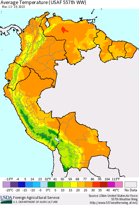 Northern South America Average Temperature (USAF 557th WW) Thematic Map For 3/13/2023 - 3/19/2023
