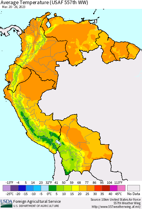 Northern South America Average Temperature (USAF 557th WW) Thematic Map For 3/20/2023 - 3/26/2023