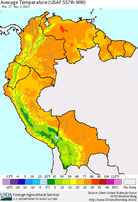 Northern South America Average Temperature (USAF 557th WW) Thematic Map For 3/27/2023 - 4/2/2023