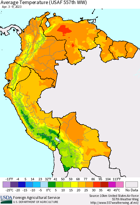 Northern South America Average Temperature (USAF 557th WW) Thematic Map For 4/3/2023 - 4/9/2023