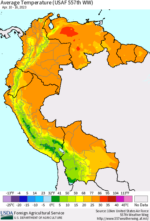 Northern South America Average Temperature (USAF 557th WW) Thematic Map For 4/10/2023 - 4/16/2023
