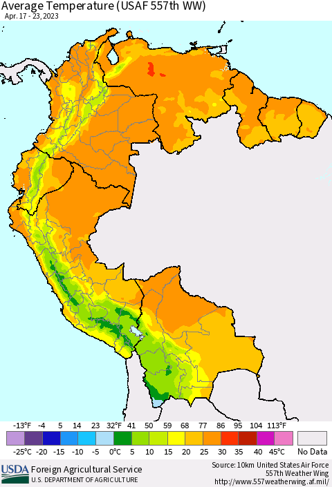 Northern South America Average Temperature (USAF 557th WW) Thematic Map For 4/17/2023 - 4/23/2023