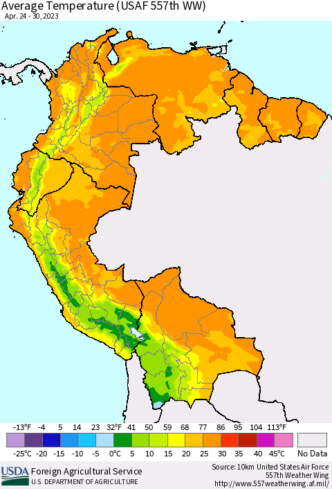 Northern South America Average Temperature (USAF 557th WW) Thematic Map For 4/24/2023 - 4/30/2023
