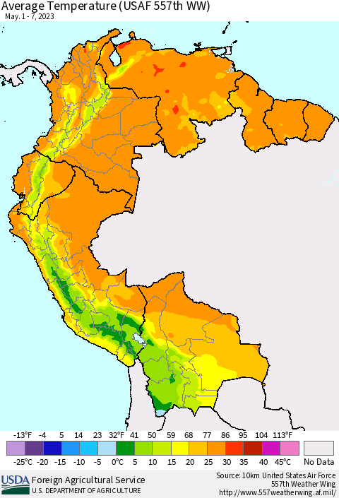 Northern South America Average Temperature (USAF 557th WW) Thematic Map For 5/1/2023 - 5/7/2023