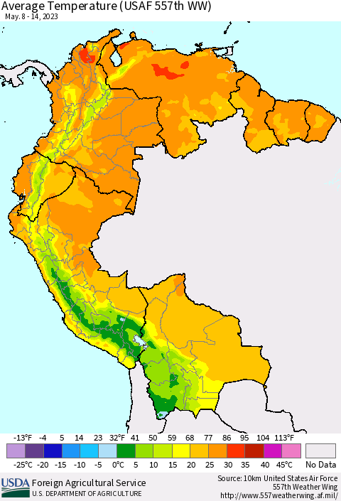 Northern South America Average Temperature (USAF 557th WW) Thematic Map For 5/8/2023 - 5/14/2023