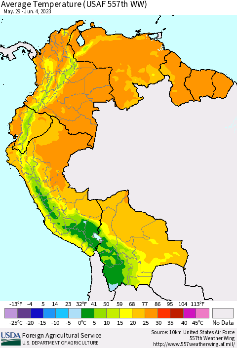 Northern South America Average Temperature (USAF 557th WW) Thematic Map For 5/29/2023 - 6/4/2023