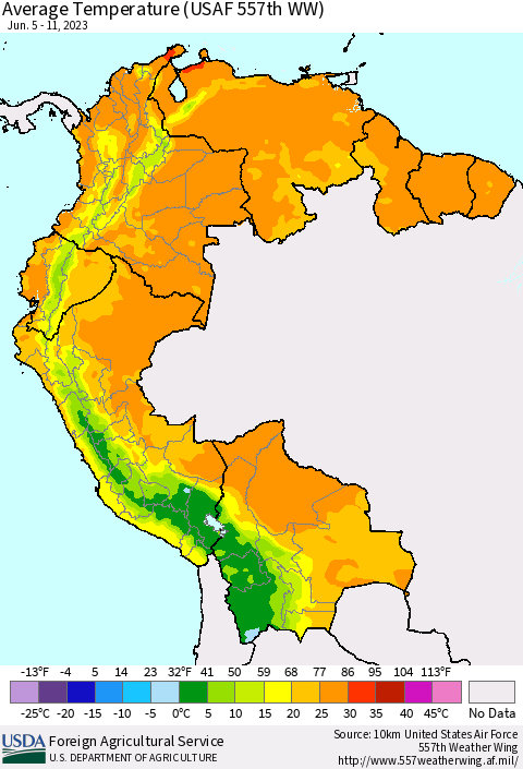 Northern South America Average Temperature (USAF 557th WW) Thematic Map For 6/5/2023 - 6/11/2023