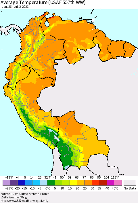 Northern South America Average Temperature (USAF 557th WW) Thematic Map For 6/26/2023 - 7/2/2023
