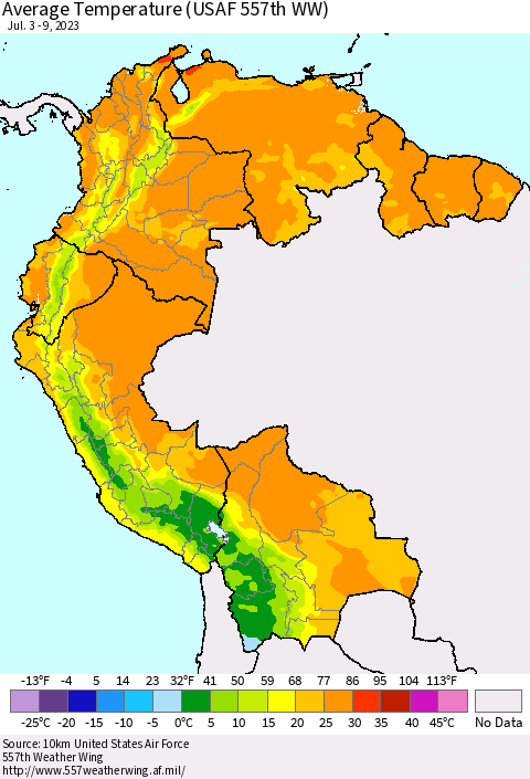 Northern South America Average Temperature (USAF 557th WW) Thematic Map For 7/3/2023 - 7/9/2023
