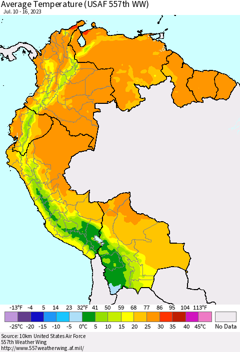 Northern South America Average Temperature (USAF 557th WW) Thematic Map For 7/10/2023 - 7/16/2023