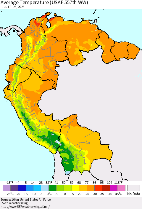 Northern South America Average Temperature (USAF 557th WW) Thematic Map For 7/17/2023 - 7/23/2023