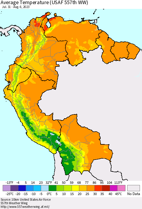Northern South America Average Temperature (USAF 557th WW) Thematic Map For 7/31/2023 - 8/6/2023