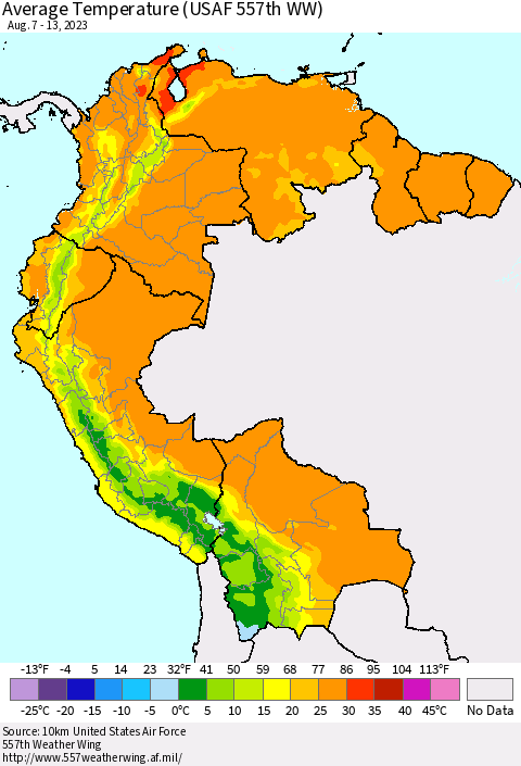 Northern South America Average Temperature (USAF 557th WW) Thematic Map For 8/7/2023 - 8/13/2023