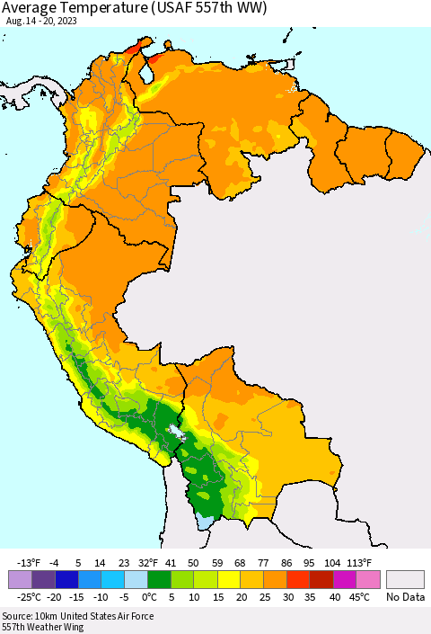 Northern South America Average Temperature (USAF 557th WW) Thematic Map For 8/14/2023 - 8/20/2023