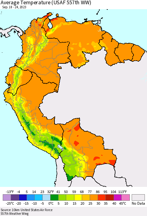 Northern South America Average Temperature (USAF 557th WW) Thematic Map For 9/18/2023 - 9/24/2023