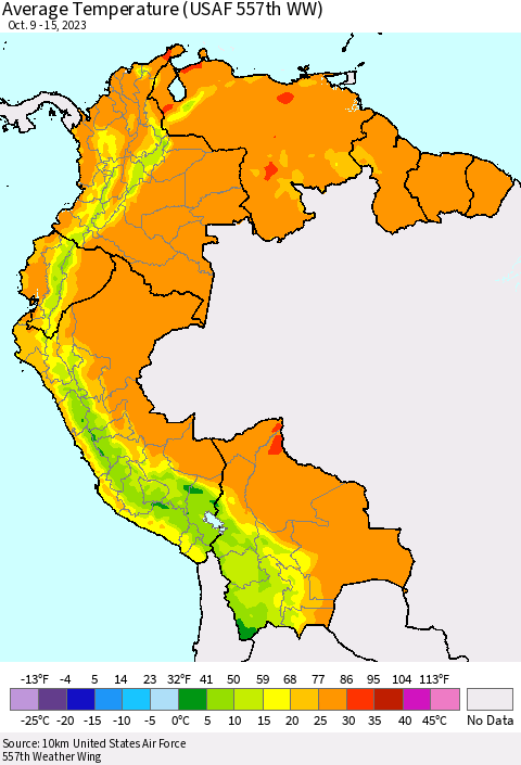 Northern South America Average Temperature (USAF 557th WW) Thematic Map For 10/9/2023 - 10/15/2023