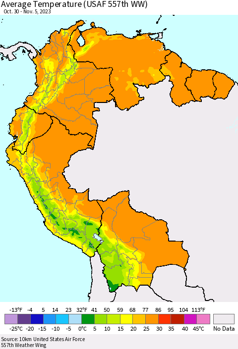 Northern South America Average Temperature (USAF 557th WW) Thematic Map For 10/30/2023 - 11/5/2023