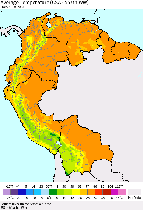 Northern South America Average Temperature (USAF 557th WW) Thematic Map For 12/4/2023 - 12/10/2023