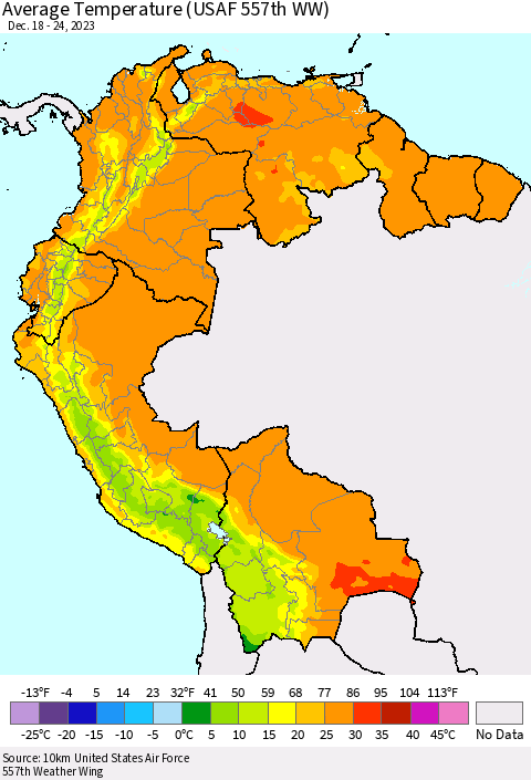 Northern South America Average Temperature (USAF 557th WW) Thematic Map For 12/18/2023 - 12/24/2023