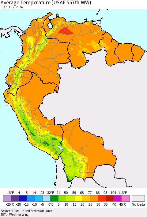 Northern South America Average Temperature (USAF 557th WW) Thematic Map For 1/1/2024 - 1/7/2024