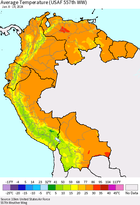 Northern South America Average Temperature (USAF 557th WW) Thematic Map For 1/8/2024 - 1/14/2024