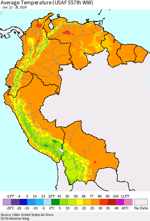 Northern South America Average Temperature (USAF 557th WW) Thematic Map For 1/22/2024 - 1/28/2024
