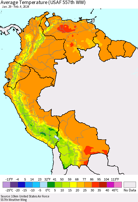 Northern South America Average Temperature (USAF 557th WW) Thematic Map For 1/29/2024 - 2/4/2024