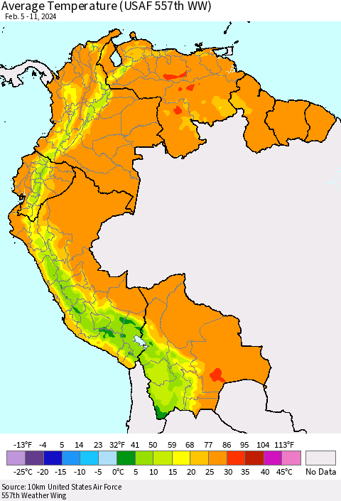 Northern South America Average Temperature (USAF 557th WW) Thematic Map For 2/5/2024 - 2/11/2024