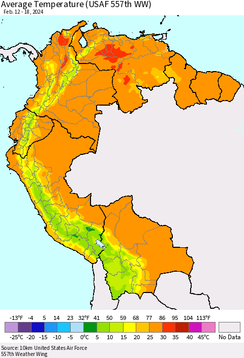 Northern South America Average Temperature (USAF 557th WW) Thematic Map For 2/12/2024 - 2/18/2024