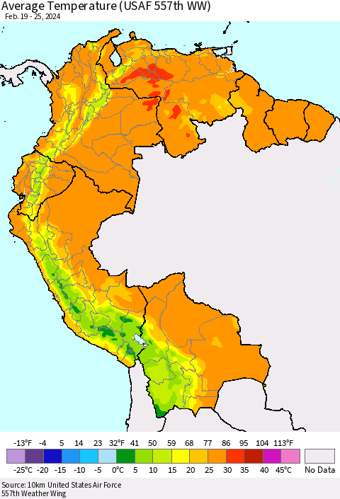 Northern South America Average Temperature (USAF 557th WW) Thematic Map For 2/19/2024 - 2/25/2024