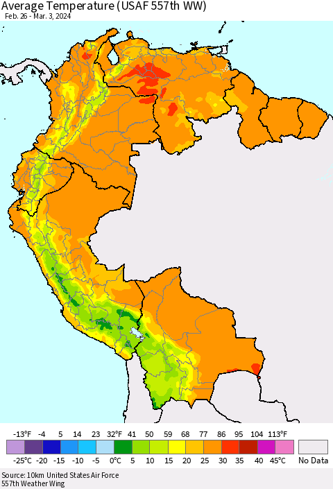 Northern South America Average Temperature (USAF 557th WW) Thematic Map For 2/26/2024 - 3/3/2024