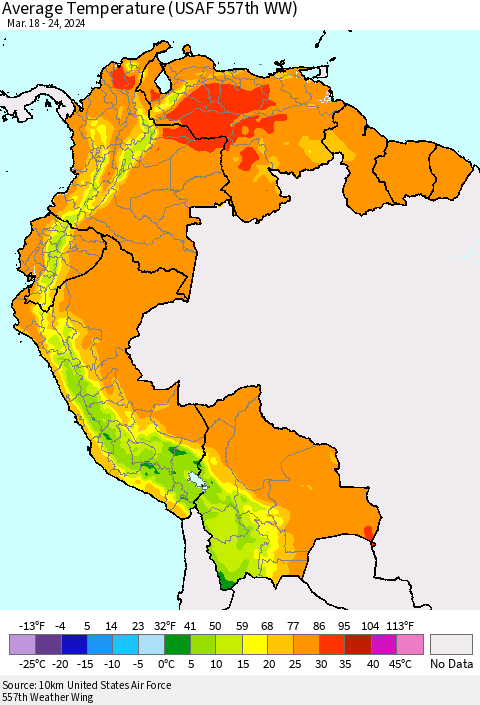 Northern South America Average Temperature (USAF 557th WW) Thematic Map For 3/18/2024 - 3/24/2024