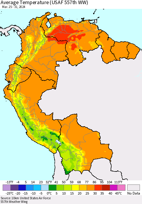 Northern South America Average Temperature (USAF 557th WW) Thematic Map For 3/25/2024 - 3/31/2024