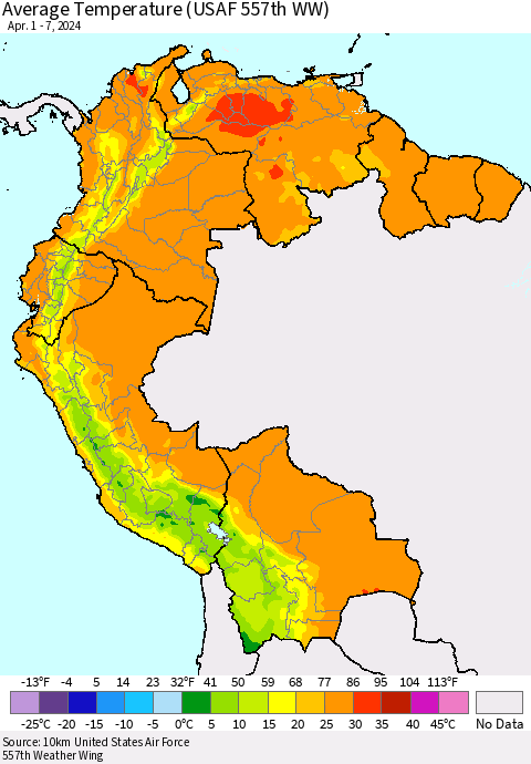 Northern South America Average Temperature (USAF 557th WW) Thematic Map For 4/1/2024 - 4/7/2024