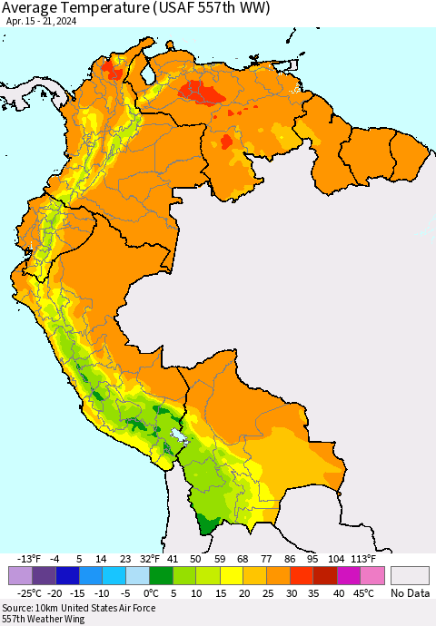 Northern South America Average Temperature (USAF 557th WW) Thematic Map For 4/15/2024 - 4/21/2024