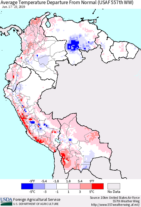 Northern South America Average Temperature Departure from Normal (USAF 557th WW) Thematic Map For 6/17/2019 - 6/23/2019