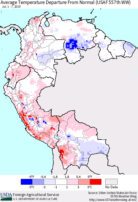Northern South America Average Temperature Departure from Normal (USAF 557th WW) Thematic Map For 7/1/2019 - 7/7/2019