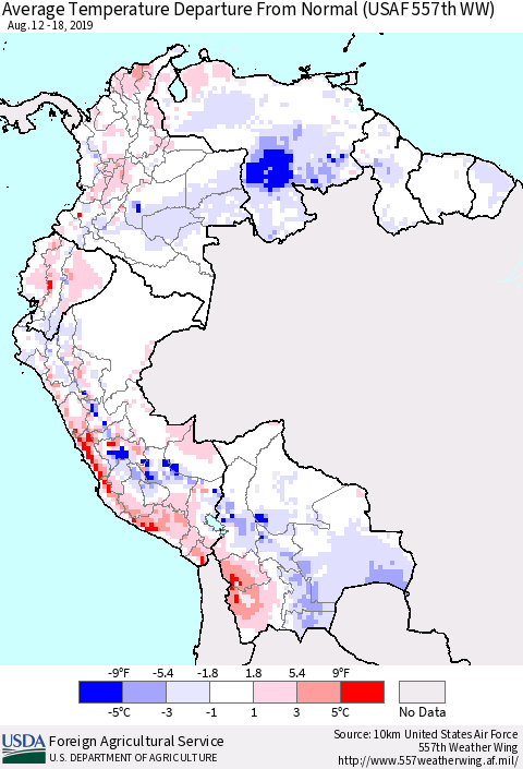 Northern South America Average Temperature Departure from Normal (USAF 557th WW) Thematic Map For 8/12/2019 - 8/18/2019