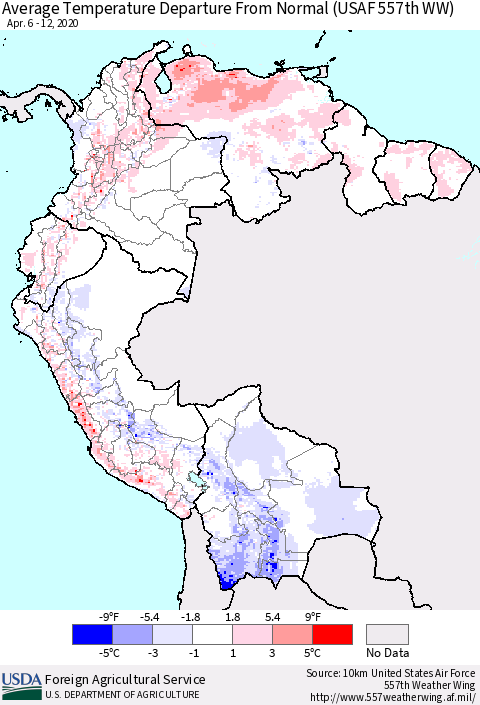 Northern South America Average Temperature Departure From Normal (USAF 557th WW) Thematic Map For 4/6/2020 - 4/12/2020