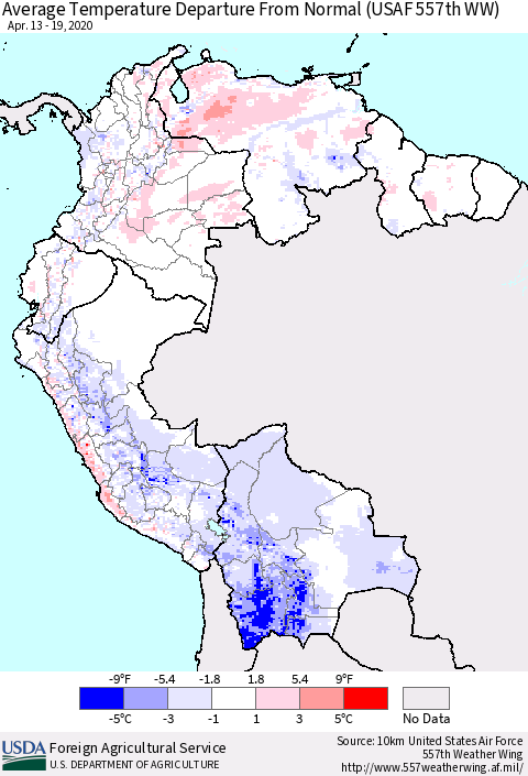 Northern South America Average Temperature Departure From Normal (USAF 557th WW) Thematic Map For 4/13/2020 - 4/19/2020