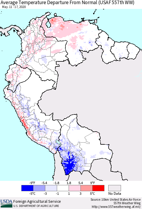 Northern South America Average Temperature Departure From Normal (USAF 557th WW) Thematic Map For 5/11/2020 - 5/17/2020