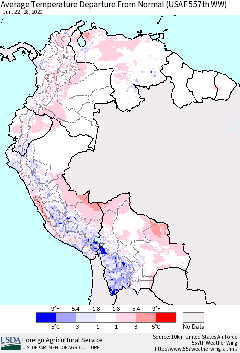 Northern South America Average Temperature Departure From Normal (USAF 557th WW) Thematic Map For 6/22/2020 - 6/28/2020