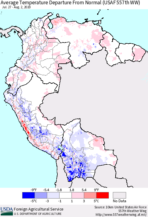 Northern South America Average Temperature Departure From Normal (USAF 557th WW) Thematic Map For 7/27/2020 - 8/2/2020
