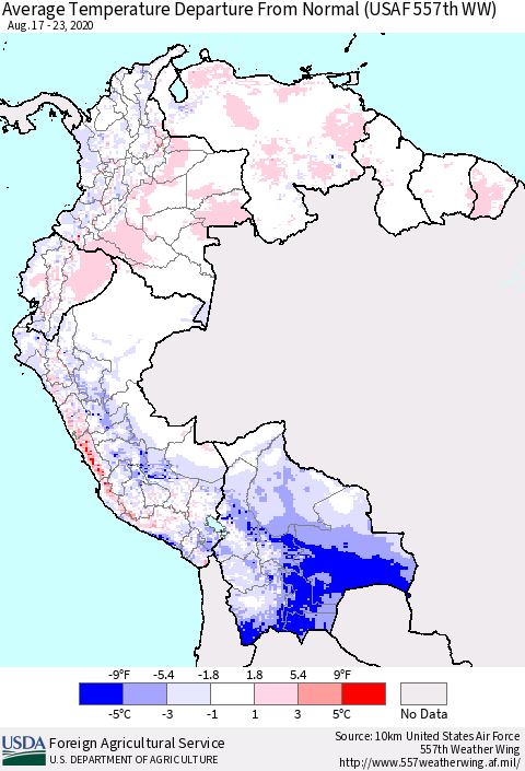 Northern South America Average Temperature Departure From Normal (USAF 557th WW) Thematic Map For 8/17/2020 - 8/23/2020