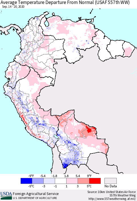 Northern South America Average Temperature Departure From Normal (USAF 557th WW) Thematic Map For 9/14/2020 - 9/20/2020