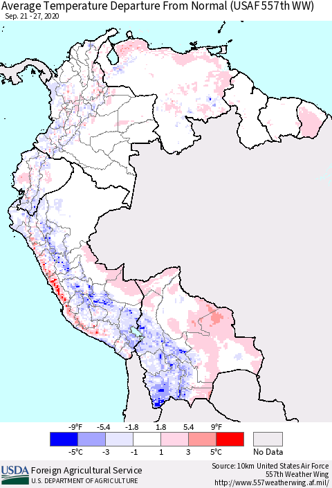 Northern South America Average Temperature Departure from Normal (USAF 557th WW) Thematic Map For 9/21/2020 - 9/27/2020