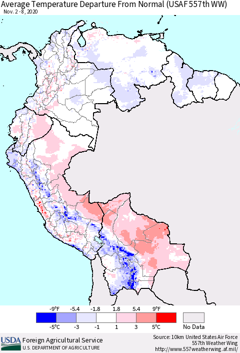 Northern South America Average Temperature Departure from Normal (USAF 557th WW) Thematic Map For 11/2/2020 - 11/8/2020