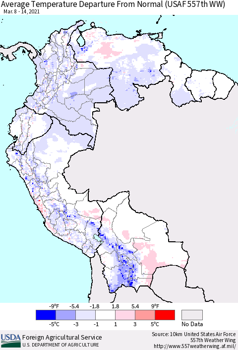 Northern South America Average Temperature Departure from Normal (USAF 557th WW) Thematic Map For 3/8/2021 - 3/14/2021