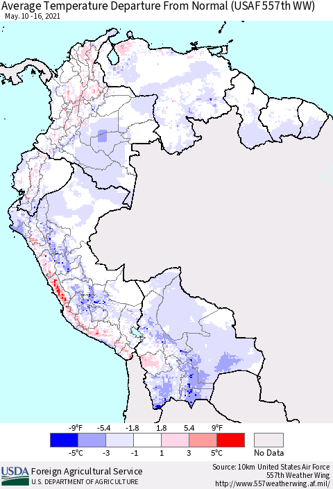 Northern South America Average Temperature Departure from Normal (USAF 557th WW) Thematic Map For 5/10/2021 - 5/16/2021
